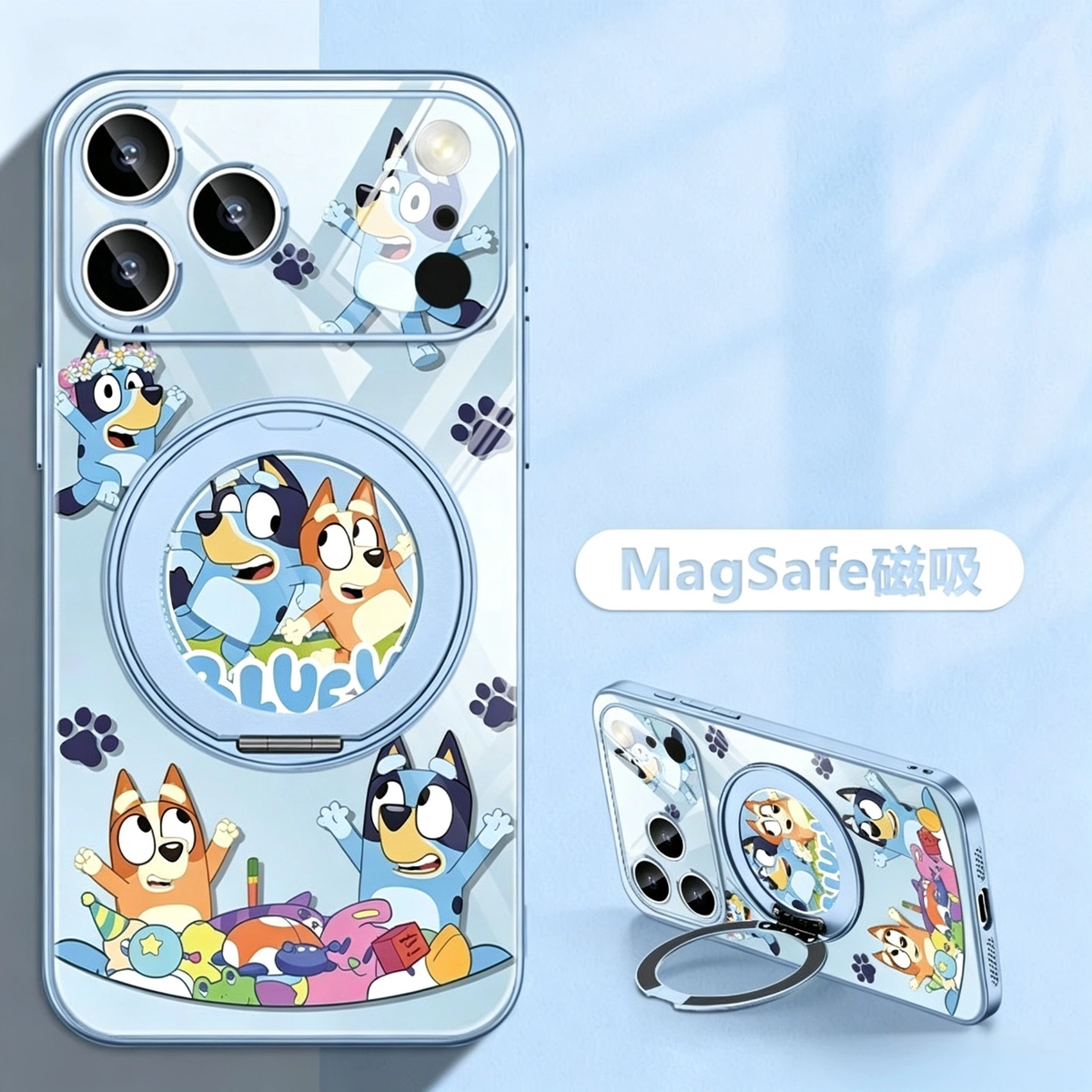 Bluey MagSafe Phone Case, 360° Rotatable Ring Holder Kickstand Case, Cute Cartoon Full Camera Protection Shockproof Cover for iPhone, Light Blue Electroplated Frame
