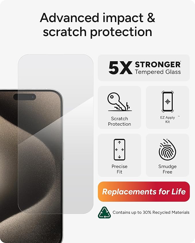 ZAGG Glass Elite iPhone 15 Pro Screen Protector - 5X Stronger with Reinforced Edges, Scratch & Smudge-Resistant Surface, InvisibleShield, Easy to Install